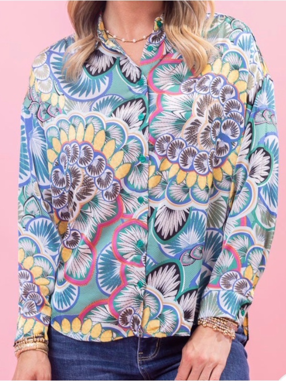 Long Sleeve Split Neck Top Floral Abstract Button-Front Blouse - Multi. Small.